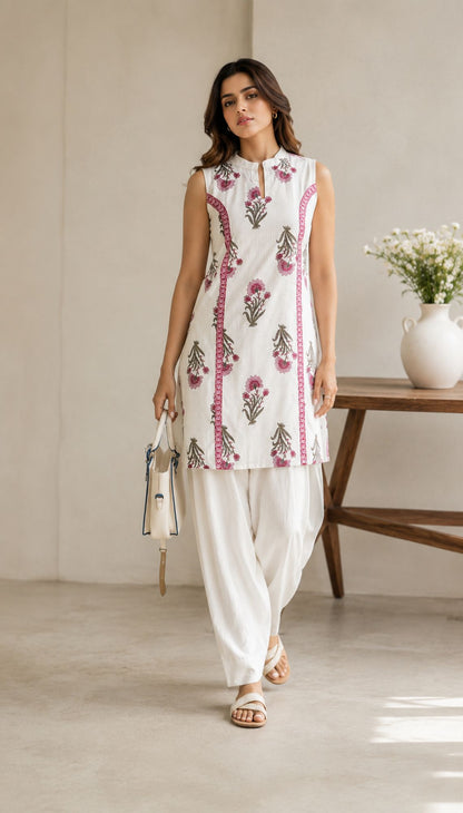 White Elegant Floral Printed Kurta Set With Contemporary Styling And Effortless Charm