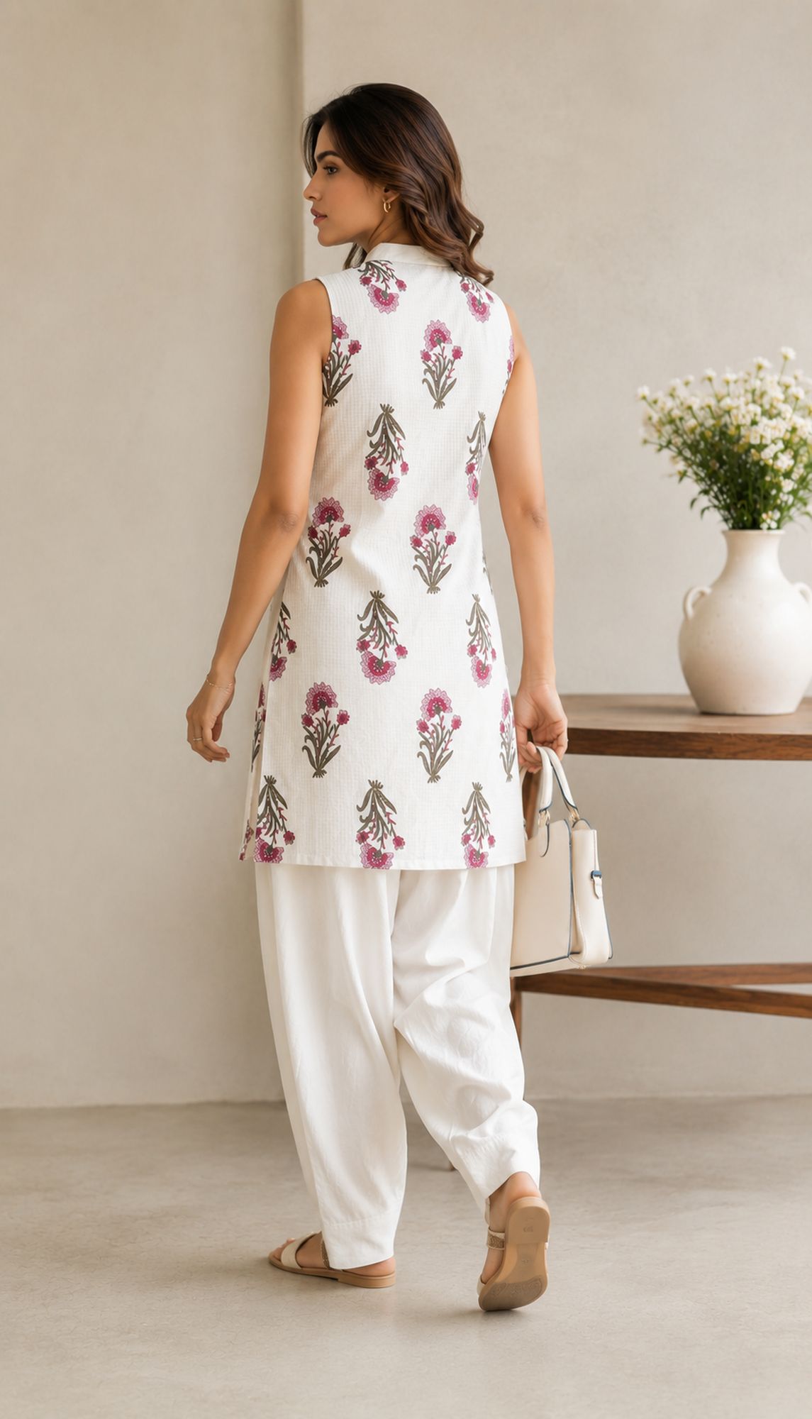 White Elegant Floral Printed Kurta Set With Contemporary Styling And Effortless Charm