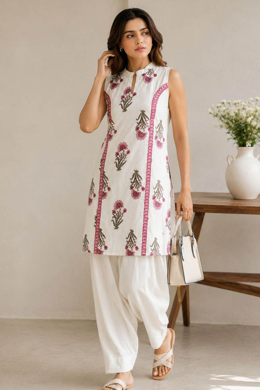 White Elegant Floral Printed Kurta Set With Contemporary Styling And Effortless Charm