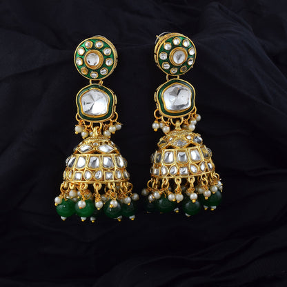 Attractive Green Color Meena Work Kundan Earrings Perfect for Festivals and Traditional Outfits