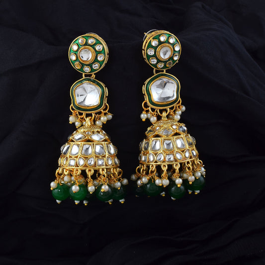 Attractive Green Color Meena Work Kundan Earrings Perfect for Festivals and Traditional Outfits