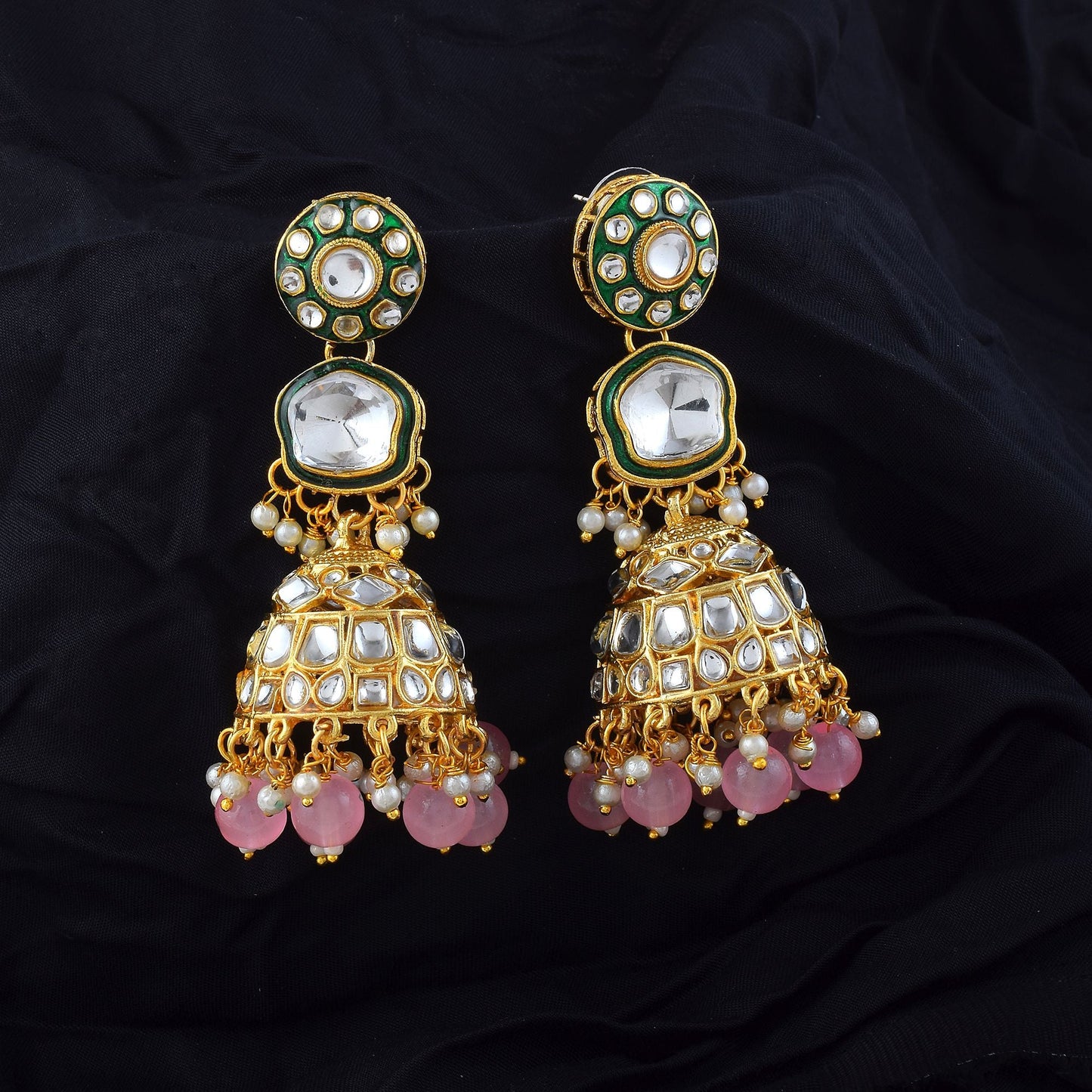 Beautiful Pink Color Meena Work Kundan Earrings Crafted for Wedding and Festive Wear