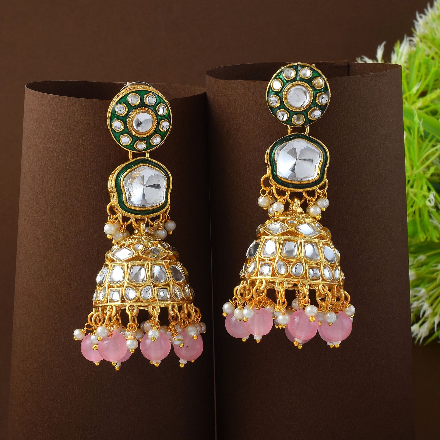 Beautiful Pink Color Meena Work Kundan Earrings Crafted for Wedding and Festive Wear