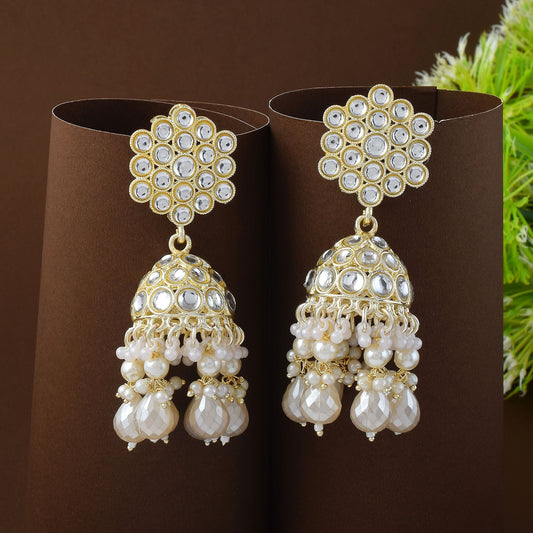 Classic White Color Kundan Earrings Designed for Bridal Wear and Traditional Wedding Jewelry