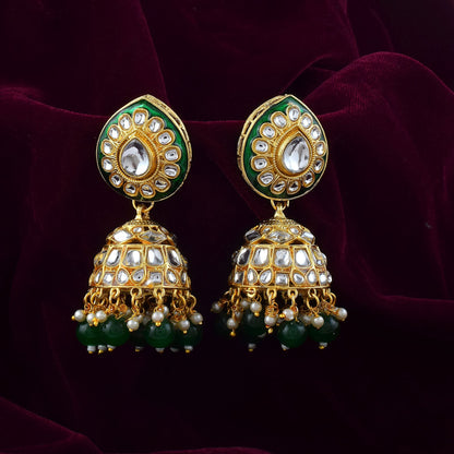 Elegant Green Color Meena Work Kundan Earrings Designed with Artistic Handcrafted Enamel Work