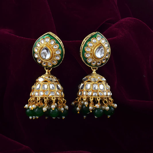 Elegant Green Color Meena Work Kundan Earrings Designed with Artistic Handcrafted Enamel Work