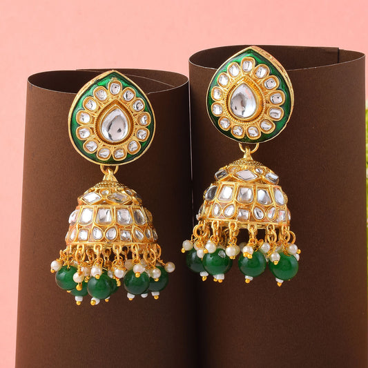 Elegant Green Color Meena Work Kundan Earrings Designed with Artistic Handcrafted Enamel Work