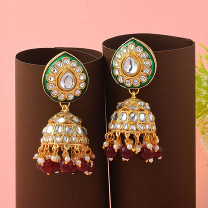 Royal Maroon Color Meena Work Kundan Earrings Designed for Brides and Cultural Festivals