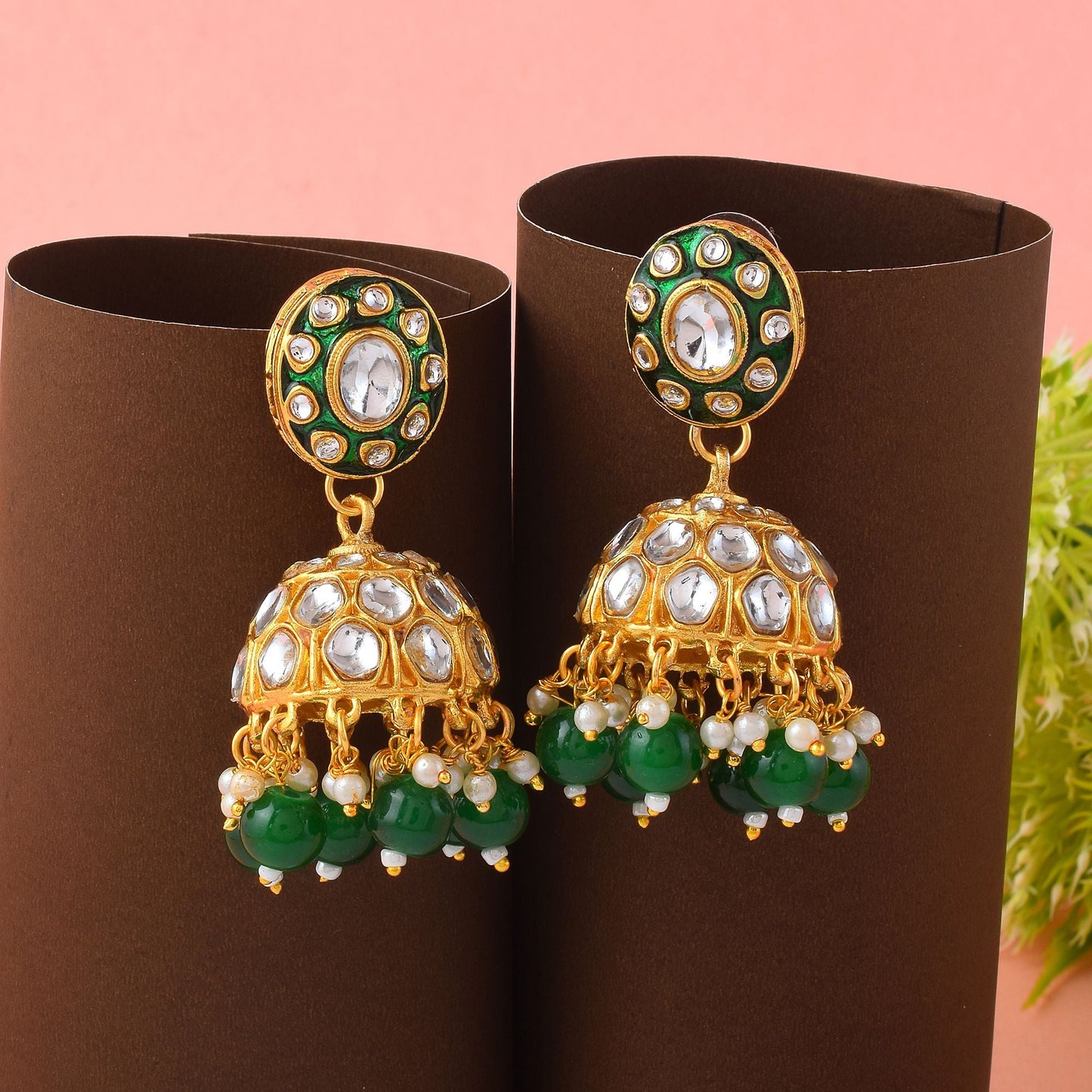 Stylish Green Color Meena Work Kundan Earrings Crafted for Bridal and Cultural Jewelry Wear