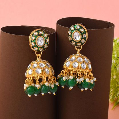 Stylish Green Color Meena Work Kundan Earrings Crafted for Bridal and Cultural Jewelry Wear