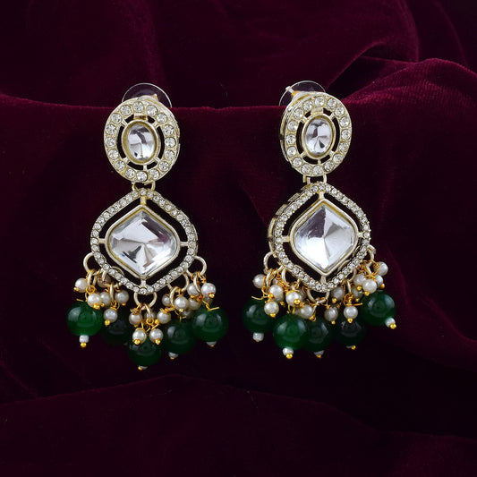Elegant Green Color Kundan Earrings Designed with Authentic Traditional Handcrafted Enamel Work