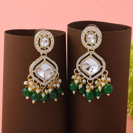Elegant Green Color Kundan Earrings Designed with Authentic Traditional Handcrafted Enamel Work