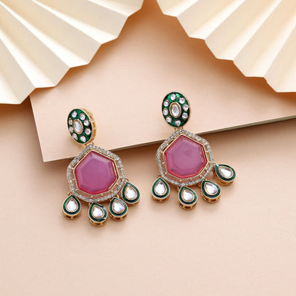 Beautiful Light Purple Color Kundan Earrings With Stone Studded Detailing For Elegant Brides