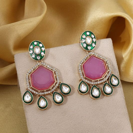Beautiful Light Purple Color Kundan Earrings With Stone Studded Detailing For Elegant Brides