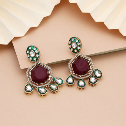 Gorgeous Maroon Color Kundan Earrings With Antique Finish For Wedding And Festive Wear