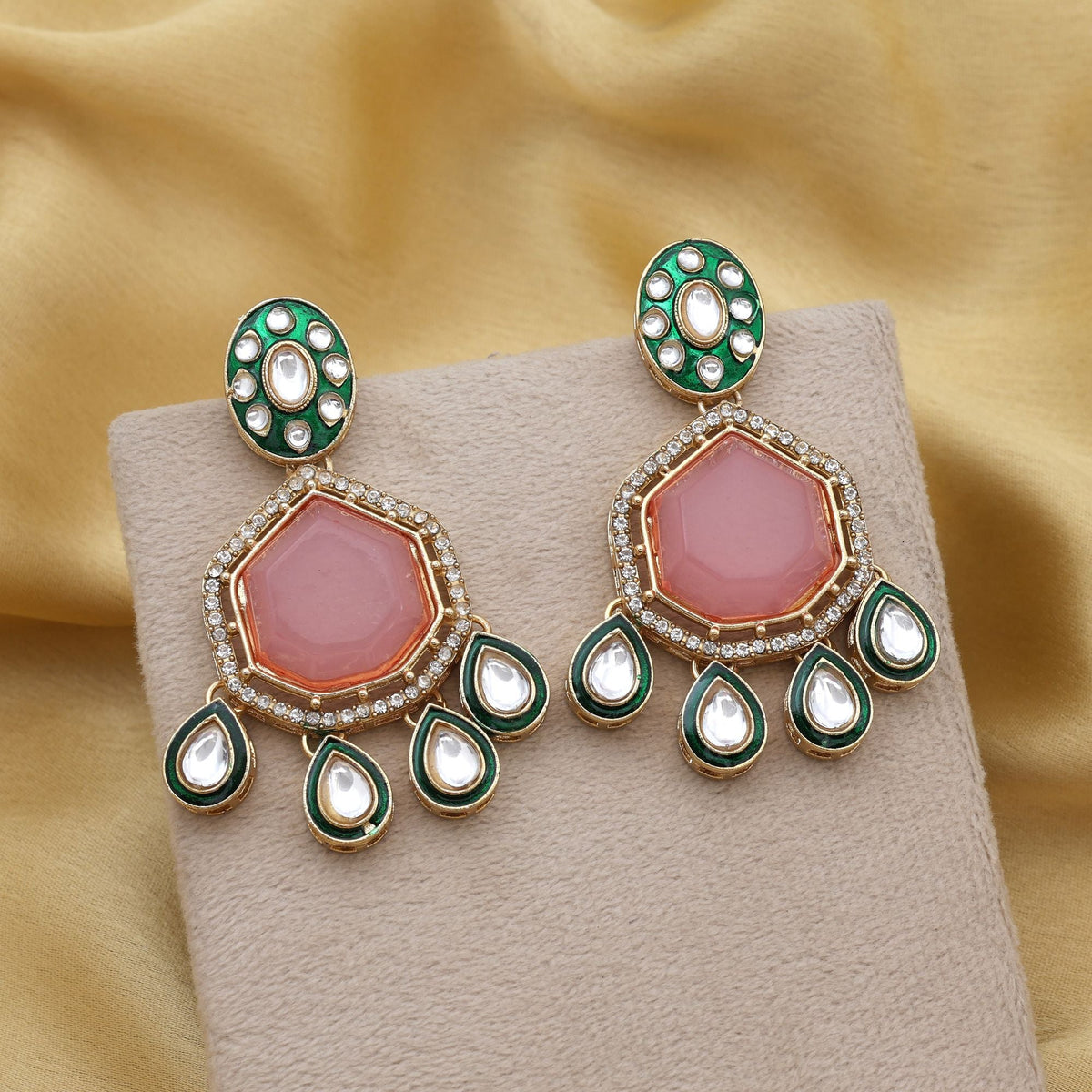 Gorgeous Pink Color Kundan Earrings With Antique Style Perfect For Festivals And Weddings | FEMNARI