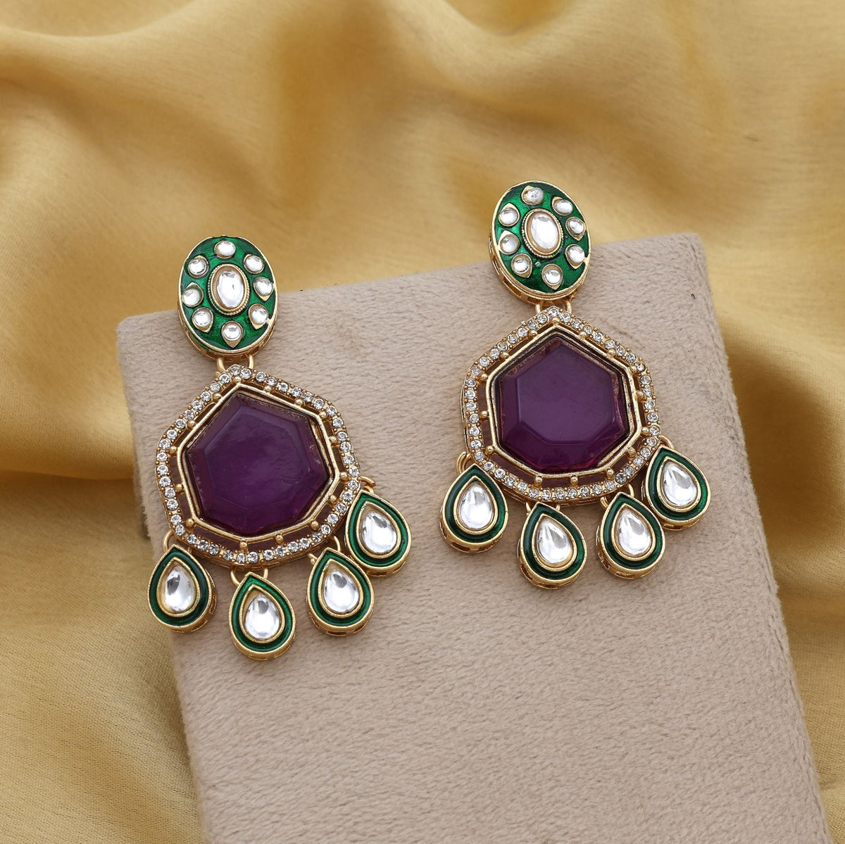 Royal Purple Color Kundan Earrings With Antique Detailing Perfect For Bridal Collections | FEMNARI