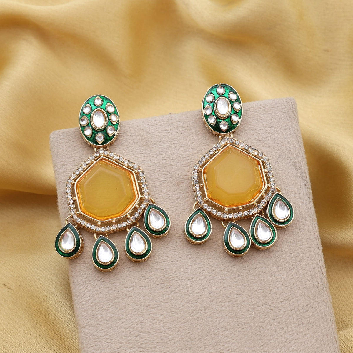 Beautiful Yellow Color Kundan Earrings With Stone Detailing Perfect For Cultural Events | FEMNARI