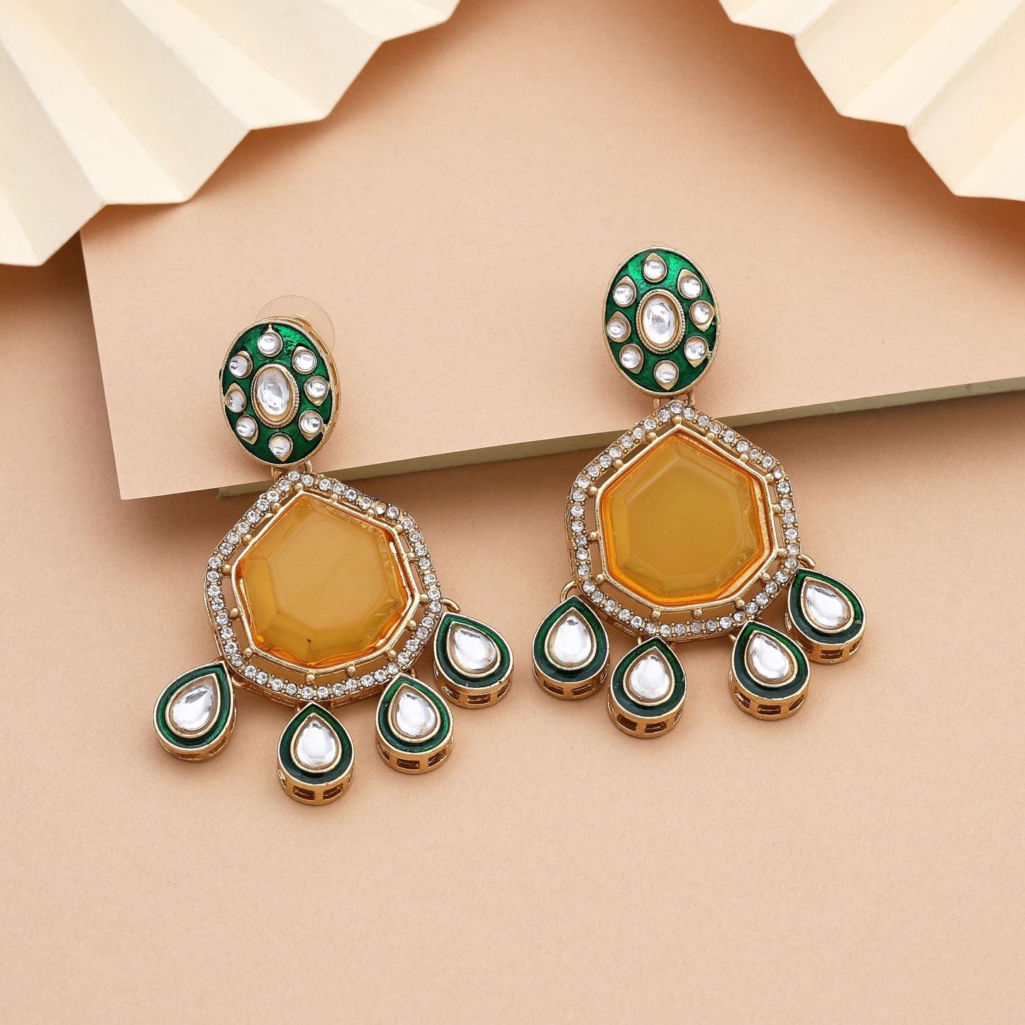 Beautiful Yellow Color Kundan Earrings With Stone Detailing Perfect For Cultural Events