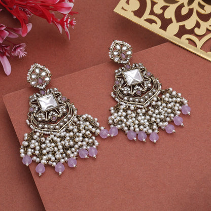 Lovely Light Purple Color Kundan Earrings With Stone Studded Finish For Elegant Wear