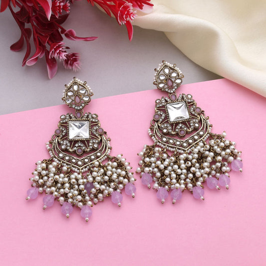Lovely Light Purple Color Kundan Earrings With Stone Studded Finish For Elegant Wear