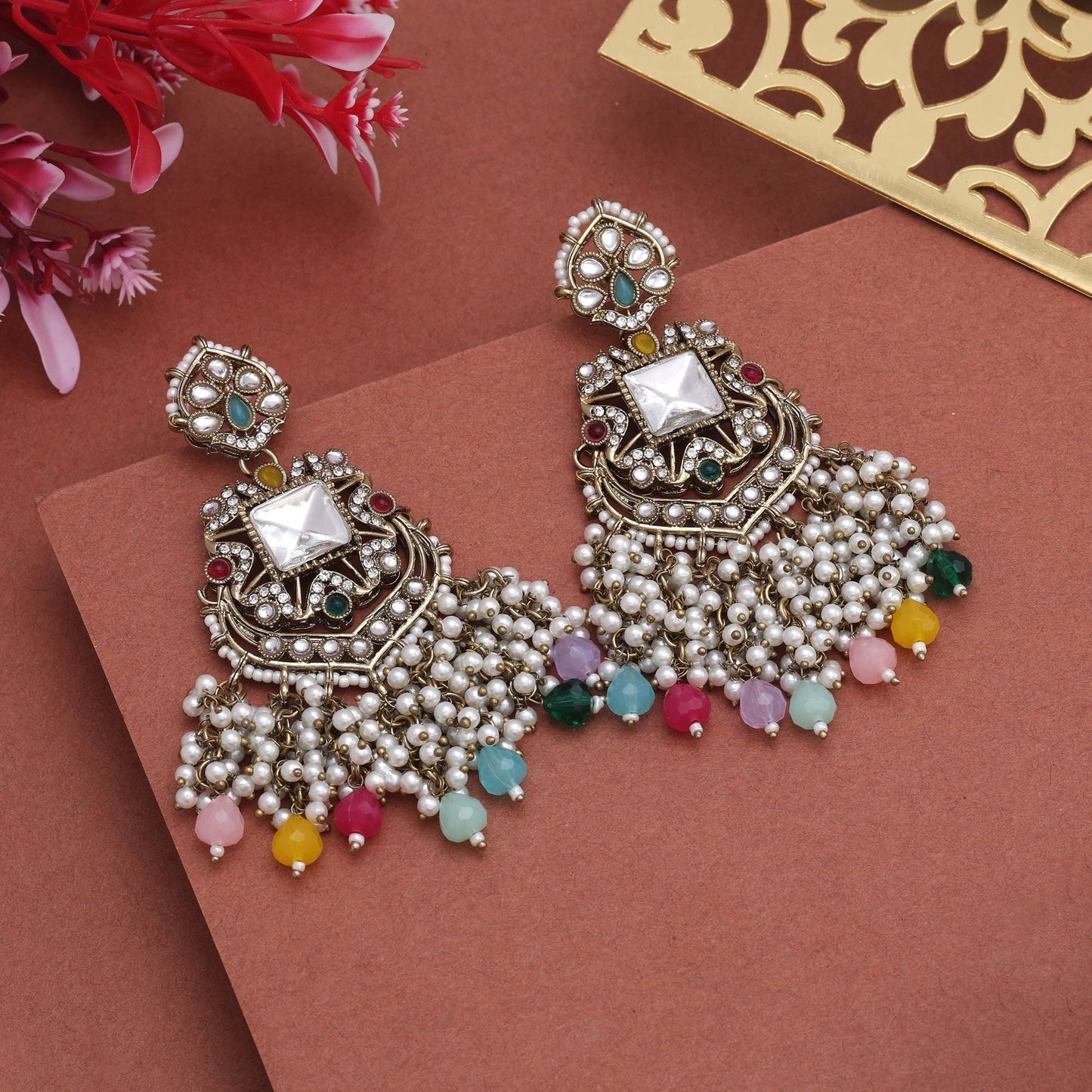 Royal Multi Color Kundan Earrings With Fine Detailing Perfect For Ethnic Outfits