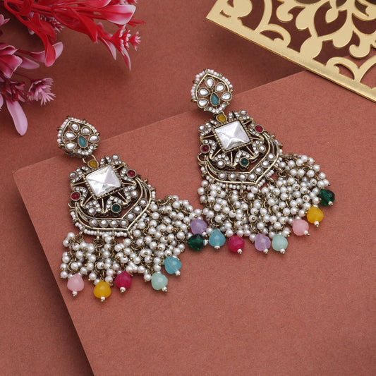 Royal Multi Color Kundan Earrings With Fine Detailing Perfect For Ethnic Outfits