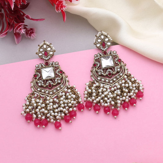 Beautiful Rani Color Kundan Earrings With Antique Detailing For Bridal Occasions