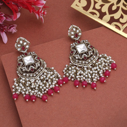 Beautiful Rani Color Kundan Earrings With Antique Detailing For Bridal Occasions