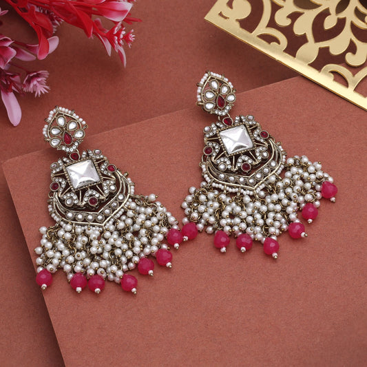 Beautiful Rani Color Kundan Earrings With Antique Detailing For Bridal Occasions