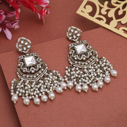 Elegant White Color Kundan Earrings With Traditional Stone Design For Wedding Wear