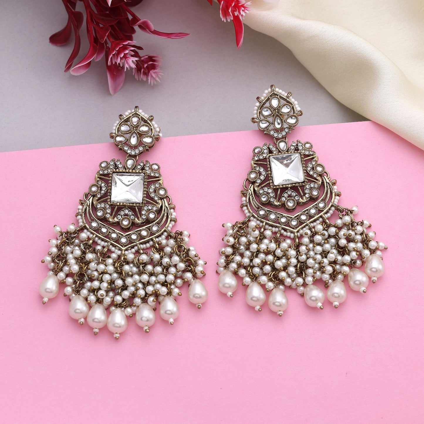 Elegant White Color Kundan Earrings With Traditional Stone Design For Wedding Wear