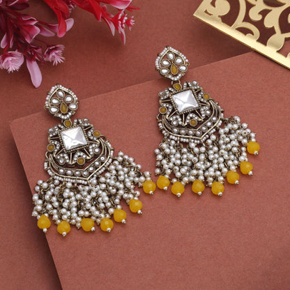 Radiant Yellow Color Kundan Earrings With Traditional Stones For Cultural Celebrations