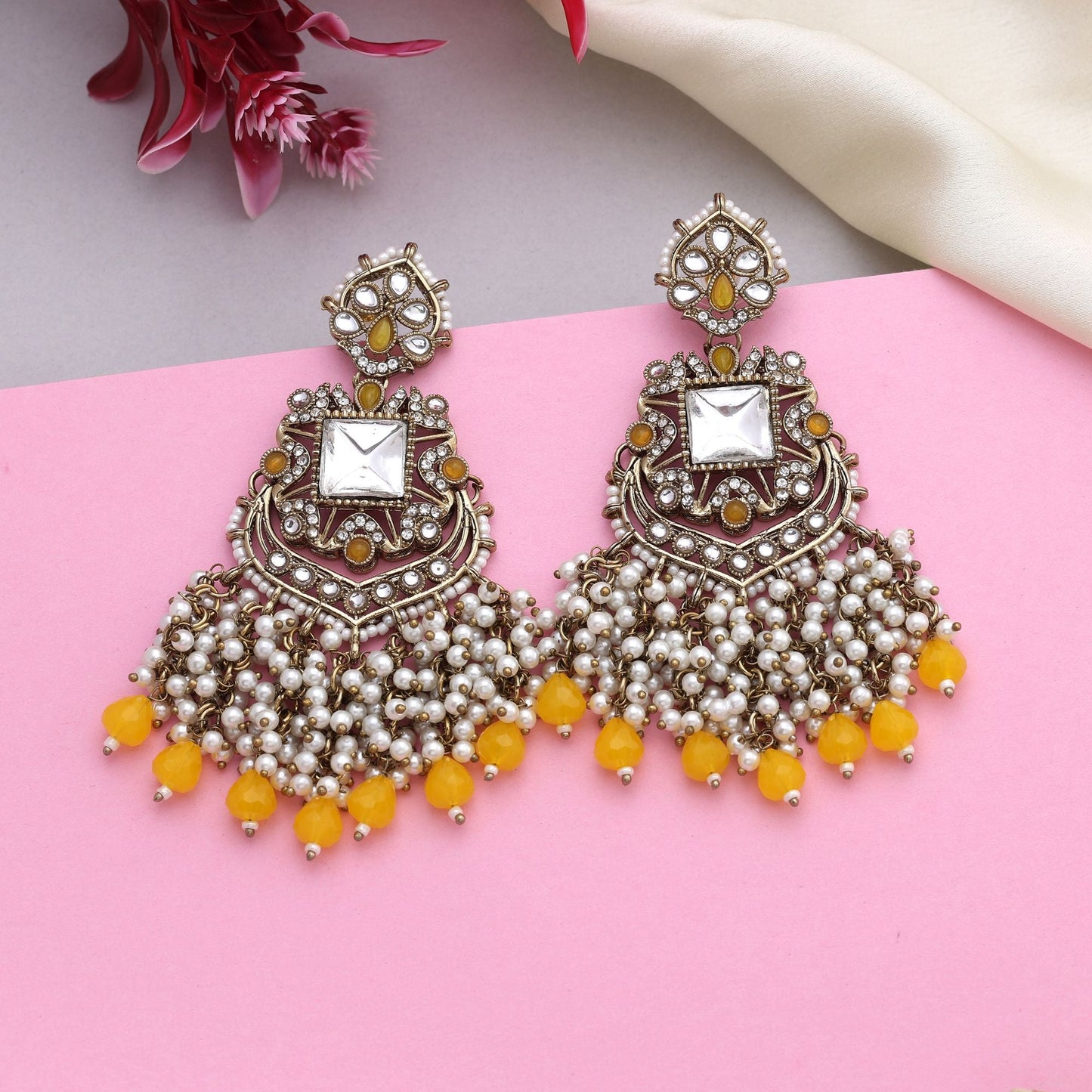 Radiant Yellow Color Kundan Earrings With Traditional Stones For Cultural Celebrations