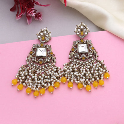 Radiant Yellow Color Kundan Earrings With Traditional Stones For Cultural Celebrations
