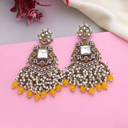 Radiant Yellow Color Kundan Earrings With Traditional Stones For Cultural Celebrations