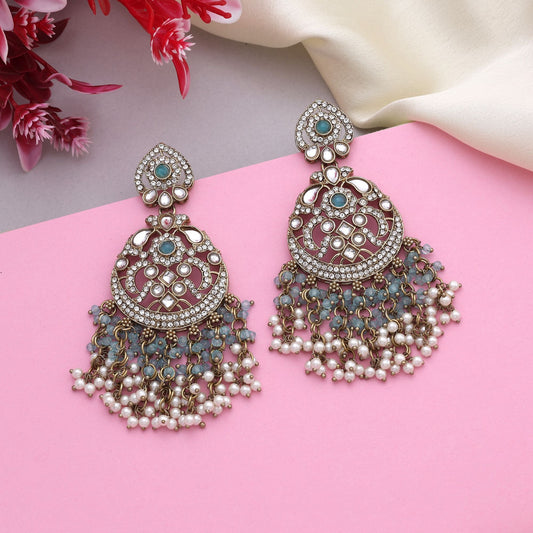 Eye-Catching Firozi Color Kundan Earrings With Antique Stones For Party Occasions