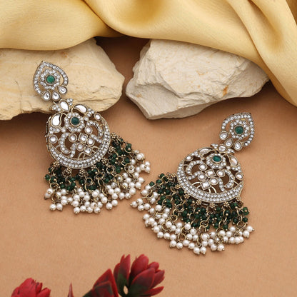 Traditional Green Color Kundan Earrings With Detailed Work For Cultural Celebrations