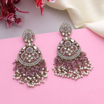 Stylish Light Purple Color Kundan Earrings With Antique Touch For Festive Functions