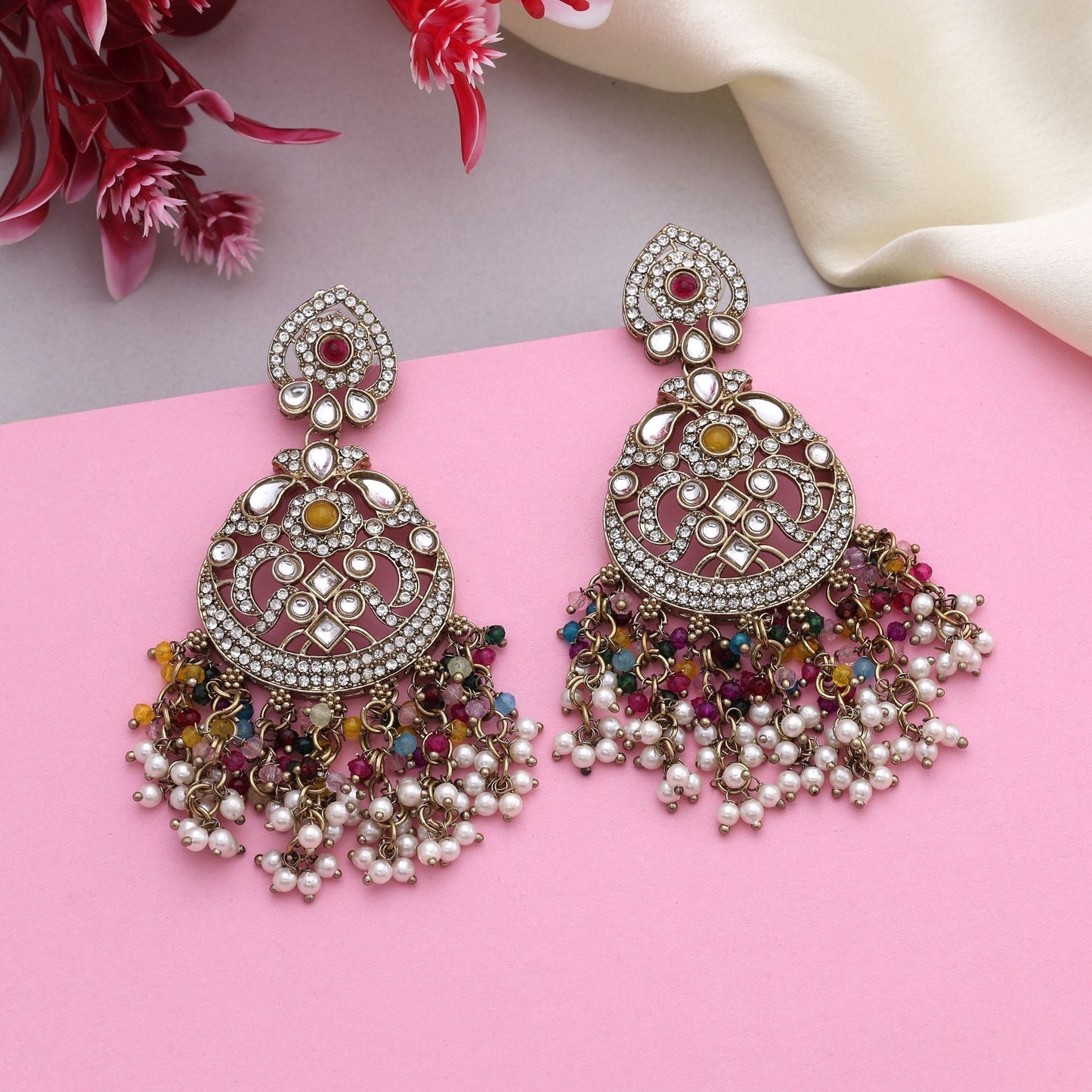 Elegant Multi Color Kundan Earrings With Royal Touch Perfect For Special Occasions