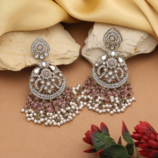 Gorgeous Pink Color Kundan Earrings With Floral Detailing For Bridal Attire
