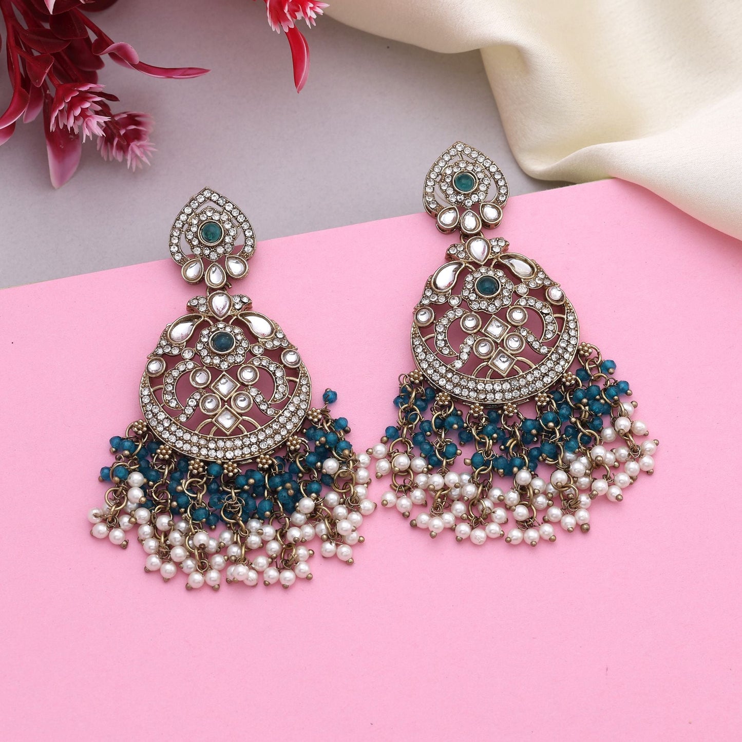 Unique Rama Green Color Kundan Earrings With Traditional Stone Detailing For Brides