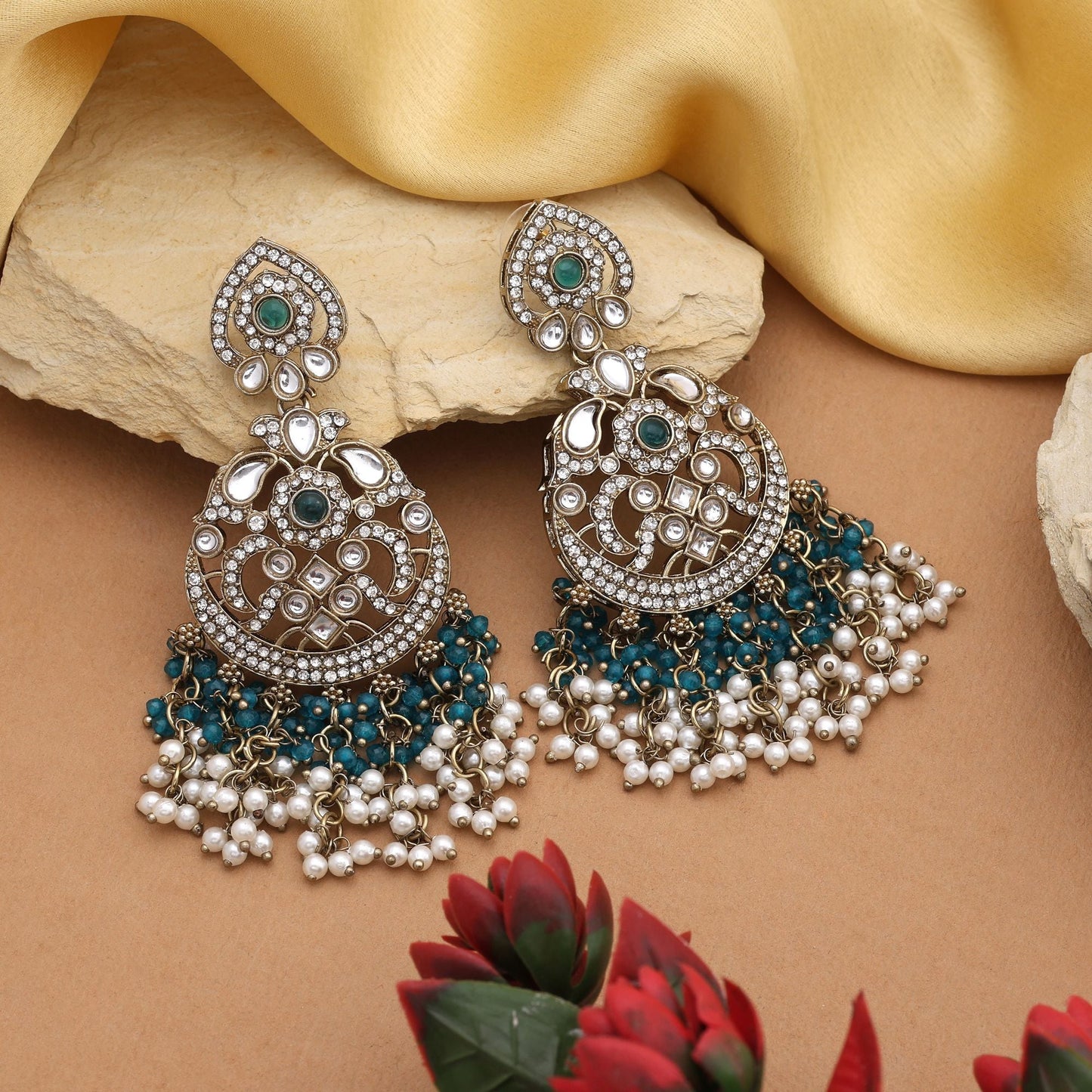 Unique Rama Green Color Kundan Earrings With Traditional Stone Detailing For Brides