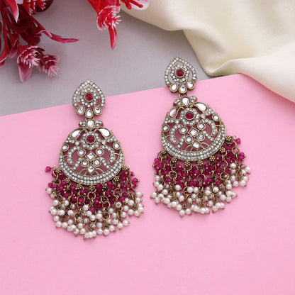 Elegant Rani Color Kundan Earrings With Handcrafted Design For Festive Events