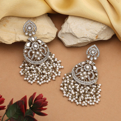 Classic White Color Kundan Earrings With Sparkling Stones For Ethnic Occasions