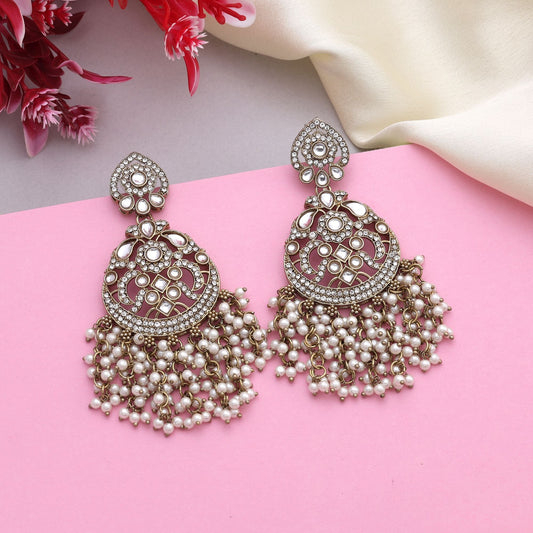Classic White Color Kundan Earrings With Sparkling Stones For Ethnic Occasions