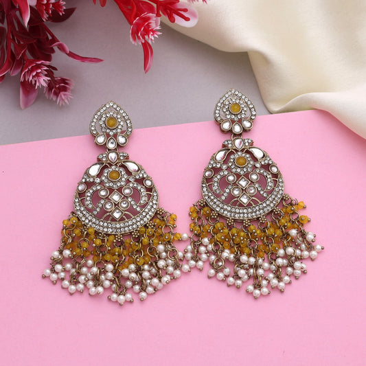Bright Yellow Color Kundan Earrings With Stone Embellishments For Bridal Jewellery