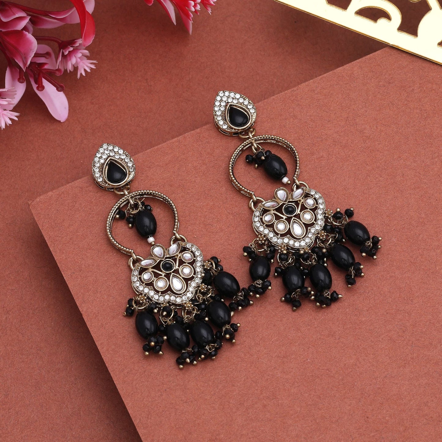Elegant Black Color Kundan Earrings With Unique Work For Festive Occasions