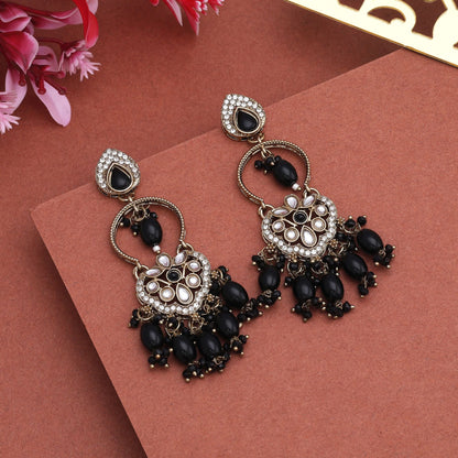 Elegant Black Color Kundan Earrings With Unique Work For Festive Occasions