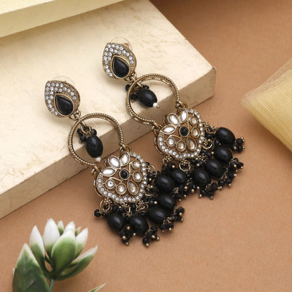 Elegant Black Color Kundan Earrings With Unique Work For Festive Occasions